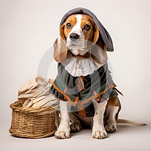 Traditional Bavarian Beagle Standing With Potato Sack On White Background
