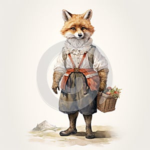 Traditional Bavarian Fox With Basket: Realistic Portrayal In 17th Century Adventure Style