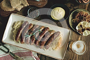 Traditional Bavarian Grilled Sausages with Cabbage Salad, Mustard and Beer