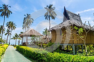 Traditional beach bungalows and coconut palms on Koh Phi Phi isl