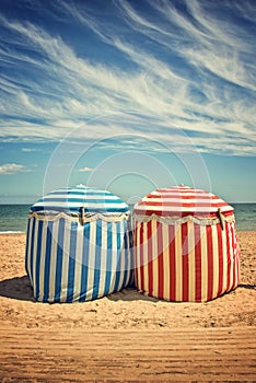 Traditional beach umbrellas in Deauville