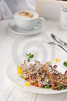 Waffles with fresh fruit and whipped cream