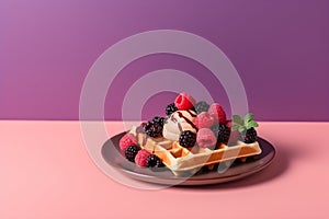Traditional belgian waffles with ice cream, berries and chocolate sauce isolated on trendy colorful background with copy space.