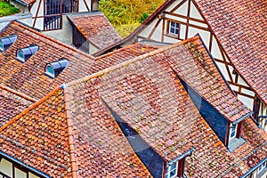 Traditional Bernese houses with red tiled roofs, Switzerland