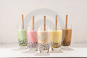 Traditional beverage of asia taiwan, glasses of Ice buble or boba milk tea  with straw on white background