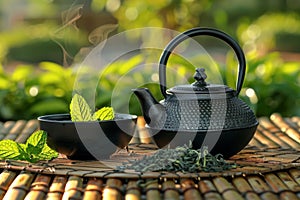 Traditional black teapot with steam, accompanied by fresh mint leaves and loose tea leaves, set outdoors