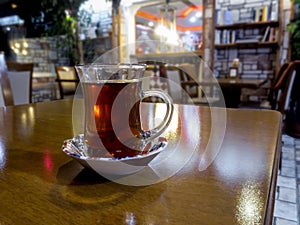 Traditional black Turkish tea in glass armud