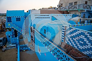 Traditional blue house in a Nubian village along the Nile river and close to Aswan city, in Egypt