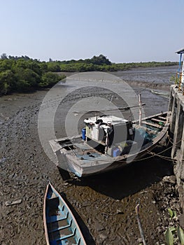 Traditional boats beached in the tidal rivuket of Revas near Alibag