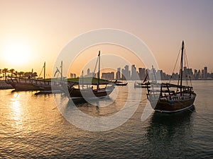 Traditional boats called Dhows are anchored in the port