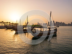 Traditional boats called Dhows are anchored in the port