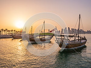 Traditional boats called Dhows are anchored in the port