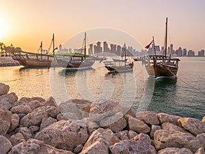 Traditional boats called Dhows are anchored in the port