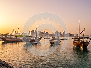 Traditional boats called Dhows are anchored in the port