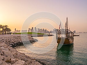 Traditional boats called Dhows are anchored in the port