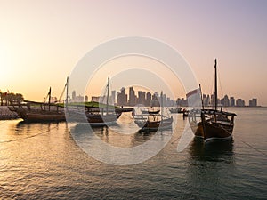 Traditional boats called Dhows are anchored in the port