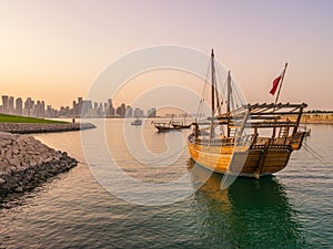 Traditional boats called Dhows are anchored in the port