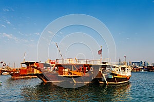 Traditional boats called Dhows in the West Bay Doha, Qatar