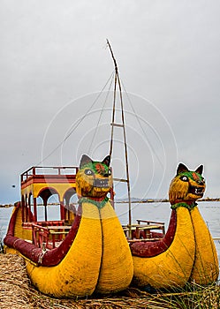 The traditional boats Uros-totora-cougar head-puno-Peru- 521