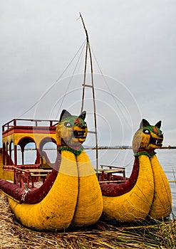 The traditional boats Uros-totora-cougar head-puno-Peru- 522