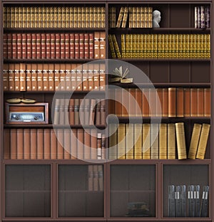 Traditional bookcase with vintage books and a radio