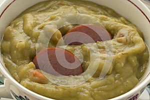 Traditional bowl with Dutch pea soup close up