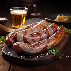 Traditional Bratwurst in Germany. Frying pan with bratwurst.