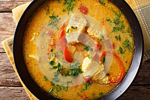 traditional Brazilian dish Moqueca Baiana of fish and bell peppers in a delicately coconut sauce close-up. horizontal top view