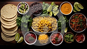 Traditional brazilian Festa Junina cuisine spread on dark wooden table, view from above