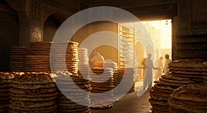 Traditional Bread Baking in Middle Eastern Bakery with Golden Light