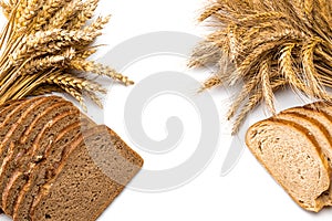 Traditional bread. Fresh loaf of rustic traditional bread with wheat grain ear or spike plant isolated on white background. Rye