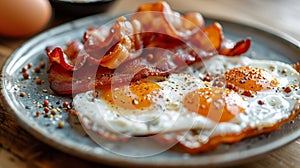 traditional breakfast foods, savor a delicious dish of bacon and eggs, a staple in a typical english breakfast photo