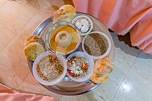 Traditional breakfast in Sudan - bread, Aseeda (boiled sorghum porridge) qith a sauce