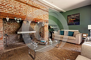 Traditional brick fireplace with open fire