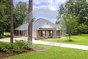 Traditional Brick House on Green Lawn with Mature Trees