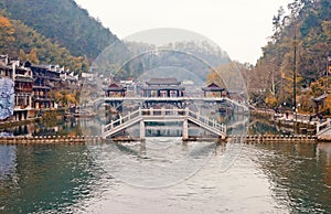 The traditional bridges over the Tuojiang River Tuo Jiang River in Fenghuang old city Phoenix Ancient Town,Hunan Province,