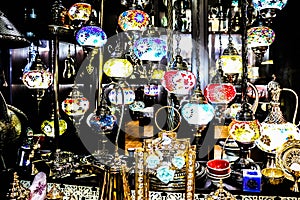 Traditional bright decorative hanging Turkish lamps and colourful lights with vivid colours  in the Istanbul Bazaar, Turkey