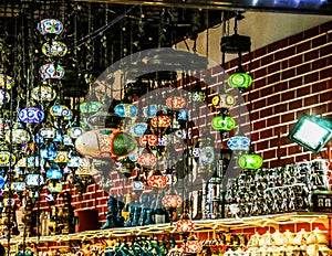 Traditional bright decorative hanging Turkish lamps and colourful lights with vivid colours  in the Istanbul Bazaar, Turkey