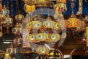 Traditional bright decorative hanging Turkish lamps and colourful lights with vivid colours  in the Istanbul Bazaar, Turkey