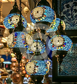 Traditional bright decorative hanging Turkish lamps and colourful lights with vivid colours  in the Istanbul Bazaar, Turkey