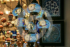 Traditional bright decorative hanging Turkish lamps and colourful lights with vivid colours  in the Istanbul Bazaar, Turkey