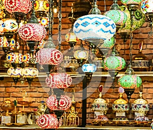 Traditional bright decorative hanging Turkish lamps and colourful lights with vivid colours  in the Istanbul Bazaar, Turkey