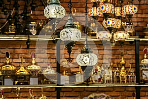 Traditional bright decorative hanging Turkish lamps and colourful lights with vivid colours  in the Istanbul Bazaar, Turkey