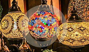 Traditional bright decorative hanging Turkish lamps and colourful lights with vivid colours  in the Istanbul Bazaar, Turkey