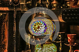 Traditional bright decorative hanging Turkish lamps and colourful lights with vivid colours  in the Istanbul Bazaar, Turkey