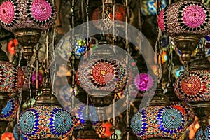 Traditional bright decorative hanging Turkish lamps and colourful lights with vivid colours  in the Istanbul Bazaar, Turkey