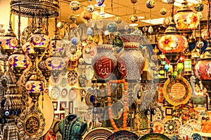 Traditional bright decorative hanging Turkish lamps and colourful lights with vivid colours  in the Istanbul Bazaar, Turkey