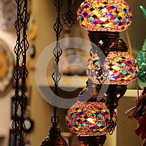 Traditional bright decorative hanging Turkish lamps and colourful lights with vivid colours  in the Istanbul Bazaar, Turkey