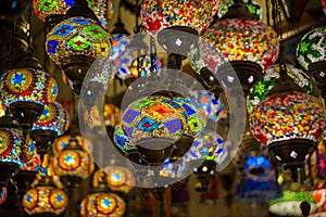 Traditional bright decorative hanging Turkish lights and colourful light lamps with vivid colours in Turkey
