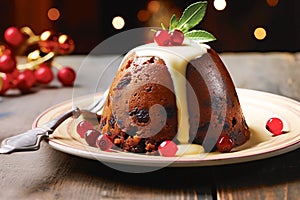 Traditional British Christmas dessert pudding with dried fruits soaked in rum with vanilla sauce decorated with cranberries